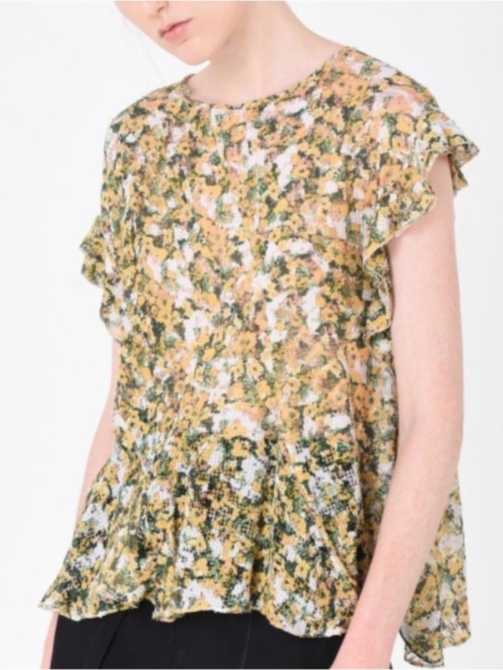 Isabel Marant Fliren Spring Flower Blouse Sheer Silk Blend Top Green Yellow XL